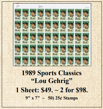1989 Sports Classics “Lou Gehrig” Stamp Sheet