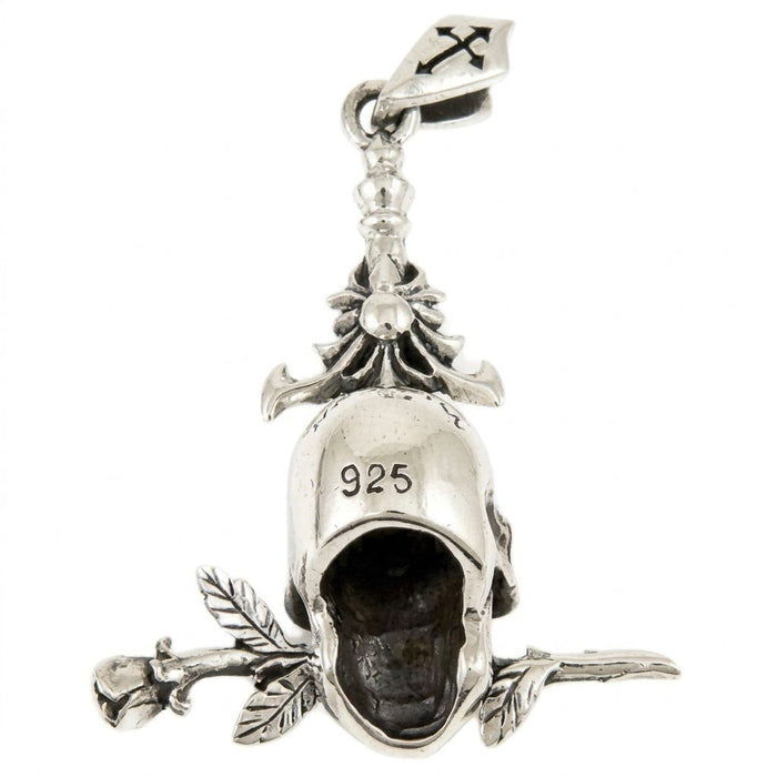 Back view highlighting the 925 sterling silver hallmark on the skull and reverse detailing of the rose stem.