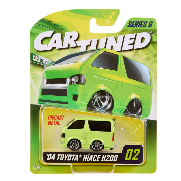 Green toy car in packaging with 'Car-Tuned' branding