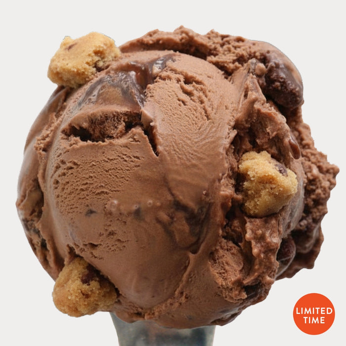 A close-up of a scoop of chocolate cookie dough ice cream with visible cookie pieces and dark chocolate chunks, on a light gray background with a small orange 'LIMITED TIME' badge in the lower right. Flavor is Chocolate Peanut Butter Cookie Dough