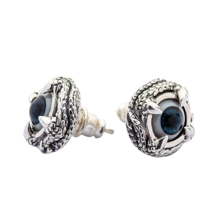 Multiple angle view of blue eyeball gothic stud earrings highlighting claw prong details and eye centerpiece