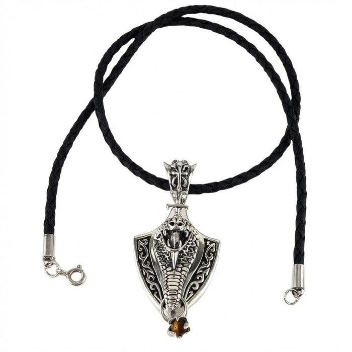 Complete sterling silver cobra shield necklace set with black braided leather cord and lobster clasp