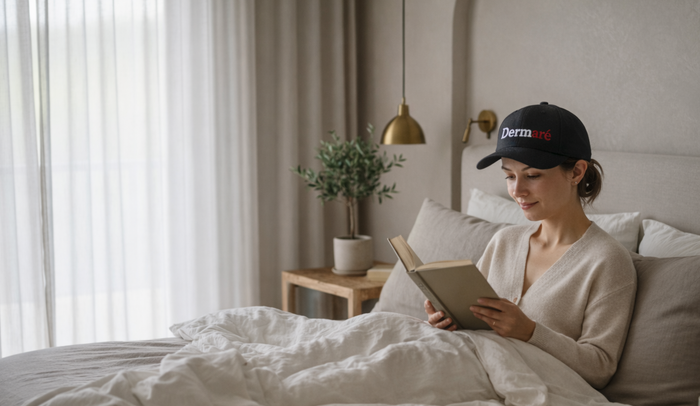 Woman reading a book in bed wearing a cap with 'Dermatologist' text
