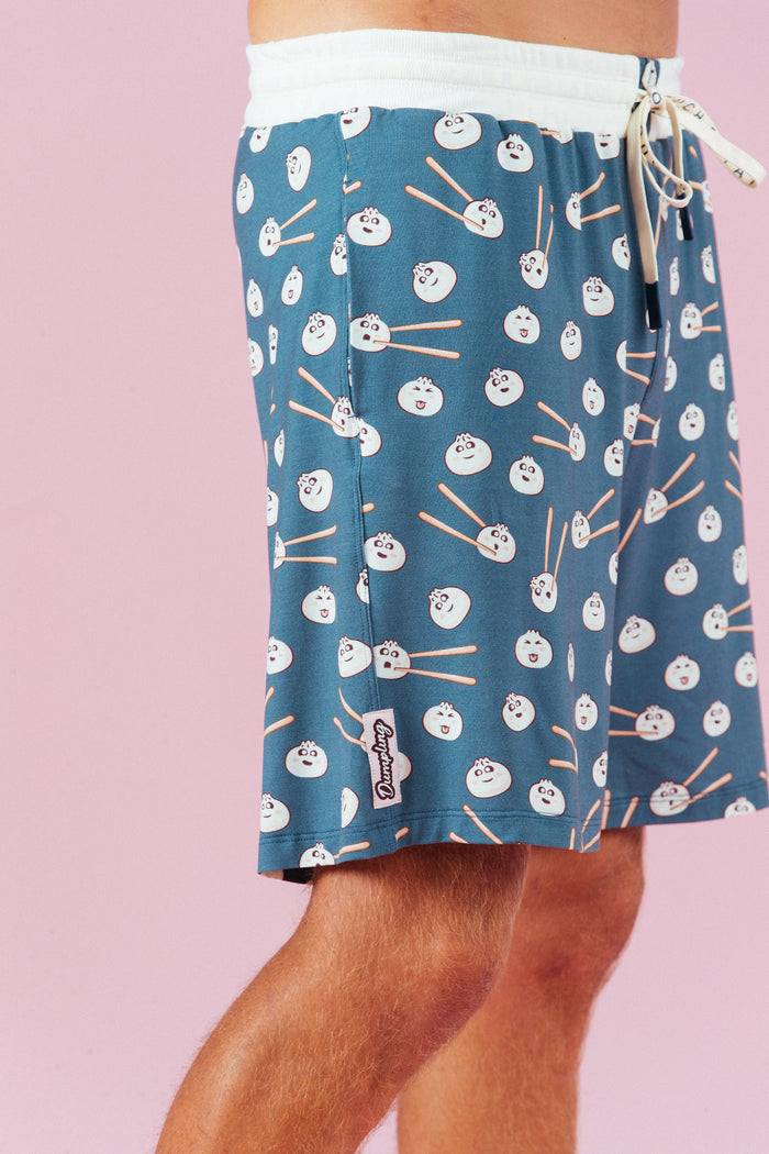 Dumpling Shorts mens blue dumpling-print loungewear with drawstring waist - Slouch Potato Pizza & Dumplings