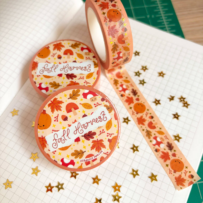 Fall Harvest Gold Foil Washi Tape by Veronica Porlier Illustrations with gold foil floral and autumn-themed patterns.