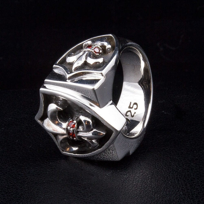 Men's Fleur De Lis sterling silver ring with genuine red garnet top angle