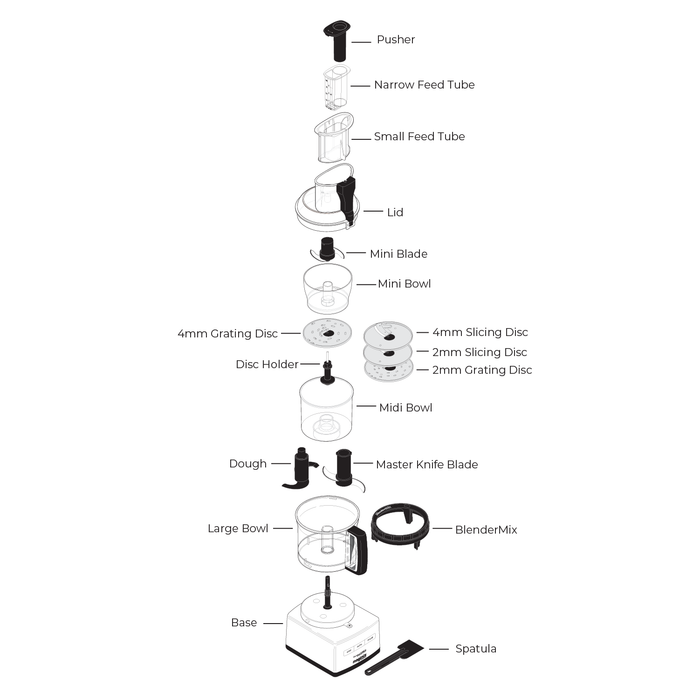 Technical illustration of the Magimix food processor and all of its parts