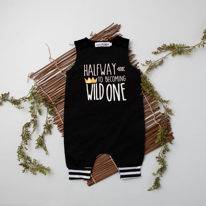Gray Wild One Half Birthday Romper with Striped Cuff