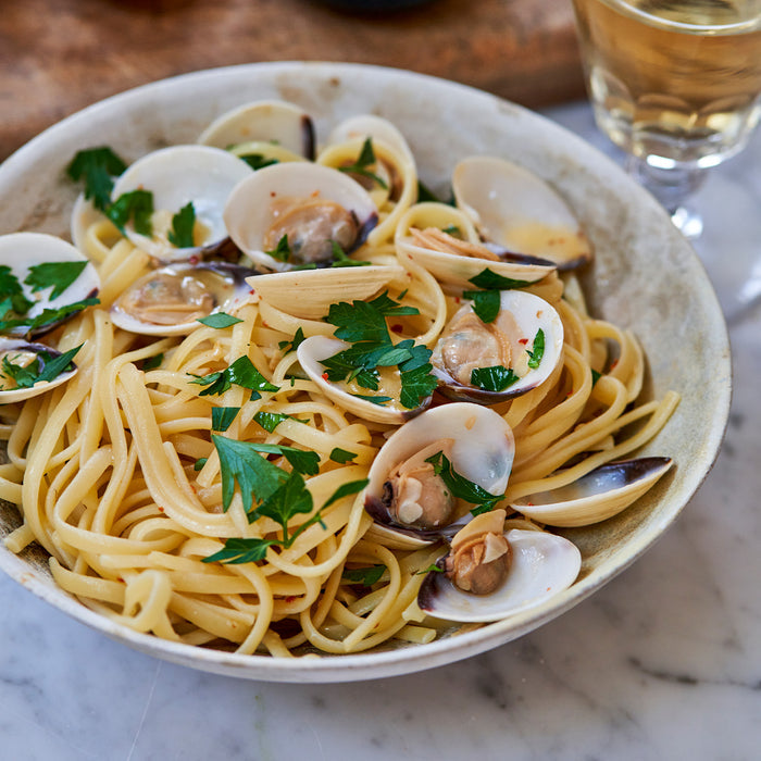 Hardshell clams in a pasta.