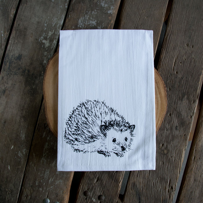 Hedgehog Tea Towel, screen printed flour sack towel