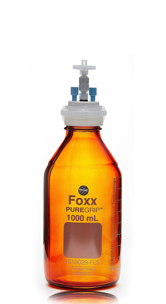 HPLC Solvent Reservoir Bottle Assembly, GL45, 1L Amber, Class VI Polytetrafluoroethylene (PTFE) Adapter, 2 Ports for 3.2mm(1/8") and/or | img_1 | Foxx Life Sciences Global | shopfls.com