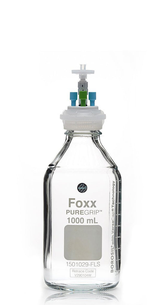 HPLC Solvent Reservoir Bottle Assembly, GL45, 1L Clear, Class VI Polytetrafluoroethylene (PTFE) Adapter, 3 Ports for 3.2mm(1/8") and/or | img_1 | Foxx Life Sciences Global | shopfls.com