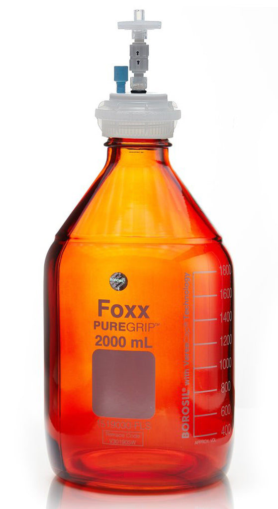 HPLC Solvent Reservoir Bottle Assembly, GL45, 2L Amber, Class VI Polytetrafluoroethylene (PTFE) Adapter, 1 Ports for 3.2mm(1/8") or 1.6mm(1/16") OD | img_1 | Foxx Life Sciences Global | shopfls.com