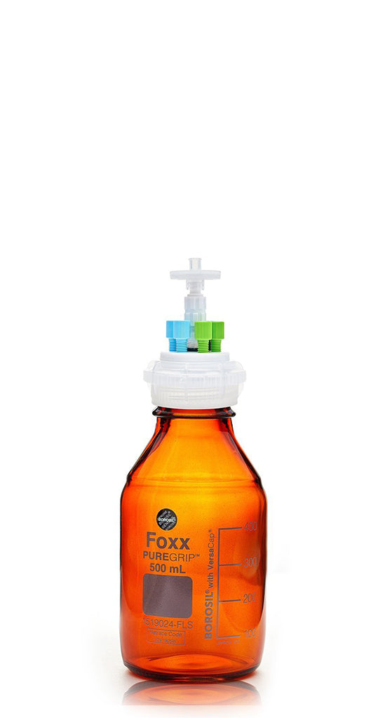 HPLC Solvent Reservoir Bottle Assembly, GL45, 500mL Amber, Class VI Polytetrafluoroethylene (PTFE) Adapter, 4 Ports for 3.2mm(1/8") and/or | img_1 | Foxx Life Sciences Global | shopfls.com