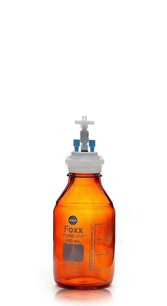 HPLC Solvent Reservoir Bottle Assembly, GL45, 500mL Amber, Class VI Polytetrafluoroethylene (PTFE) Adapter, 2 Ports for 3.2mm(1/8") and/or | img_1 | Foxx Life Sciences Global | shopfls.com