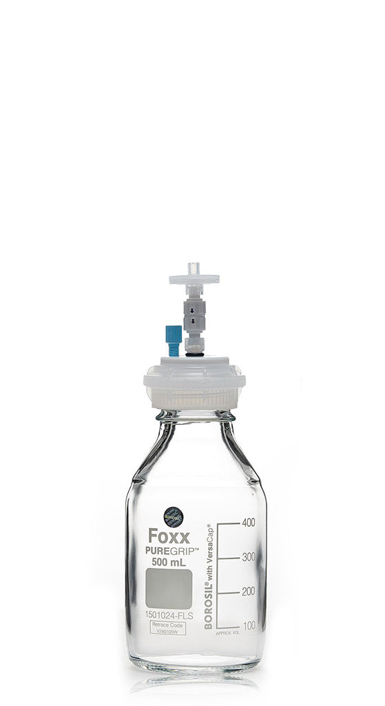 HPLC Solvent Reservoir Bottle Assembly, GL45, 500mL Clear, Class VI Polytetrafluoroethylene (PTFE) Adapter, 1 Ports for 3.2mm(1/8") or 1.6mm(1/16") | img_1 | Foxx Life Sciences Global | shopfls.com