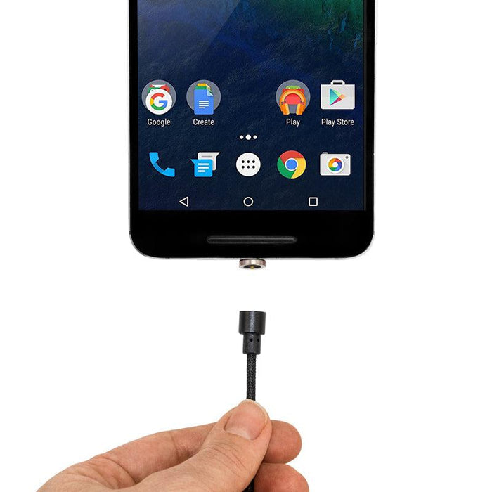 A hand holds the Magnetic USB to USB Type-C Charge Cables connector close to a smartphones charging port, with app icons visible on the screen.