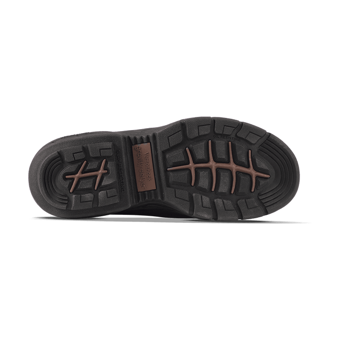 Dark brown rubber shoe sole featuring a rugged tread pattern with lighter brown accents, "Slip Resistant" and "Oil Resisting"