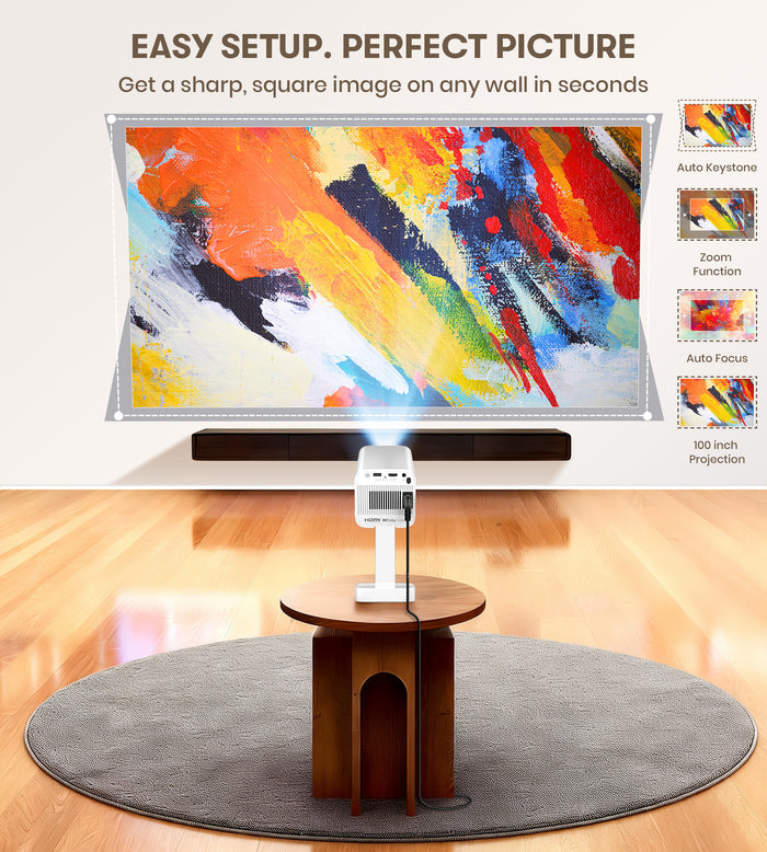 Projector on a small round table with a colorful square image projected onto a wall.