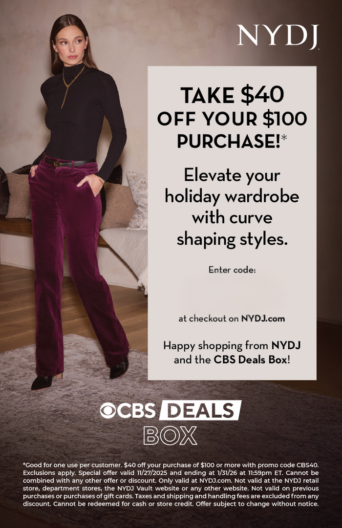 Advertisement for NYDJ with a woman in a black top and purple pants, featuring a discount offer.