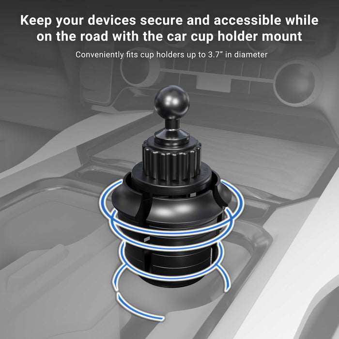 The Arkon Mounts Robust® Dual Shaft Cup Holder Mount with Slim-Grip® Tablet Holder - 25mm sits securely in your vehicle’s cup holder. Text above explains its utility for safely securing your tablet, while blue lines illustrate its adjustable fit for cup holders up to 3.7 inches in diameter. This versatile mount from Arkon Mounts offers a stable and convenient way to keep your tablet secure and accessible while on the road.