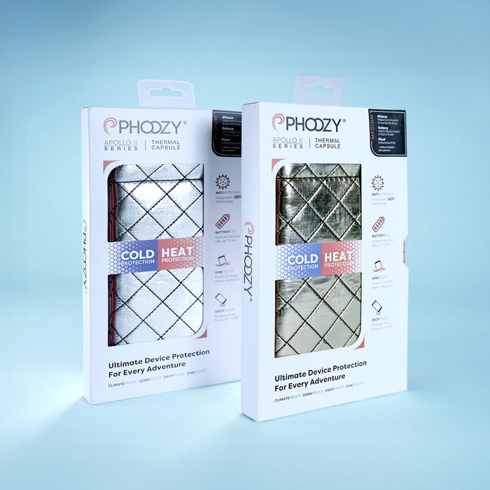 Two Phoozy thermal carafes packaging on a light blue background