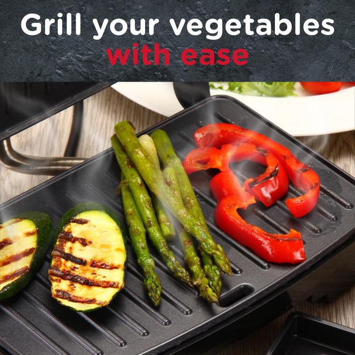 Grilled vegetables on a portable grill with text 'Grill your vegetables with ease'. - Buy Now Panini Press, Sandwich Toaster & Health Grill