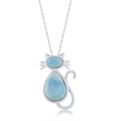 Sterling Silver Cat and Blue Larimar Necklace