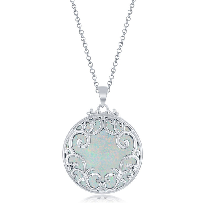 Sterling Silver Filigree with Round Created White Opal on 18" Sterling Silver Chain.