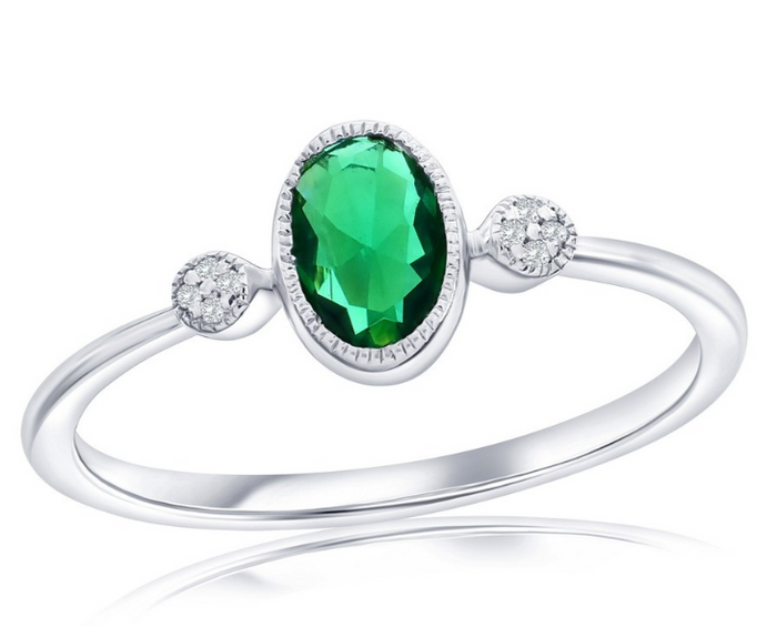 Sterling Silver, Lab-Grown Oval Emerald & Natural Diamond Ring Size 6