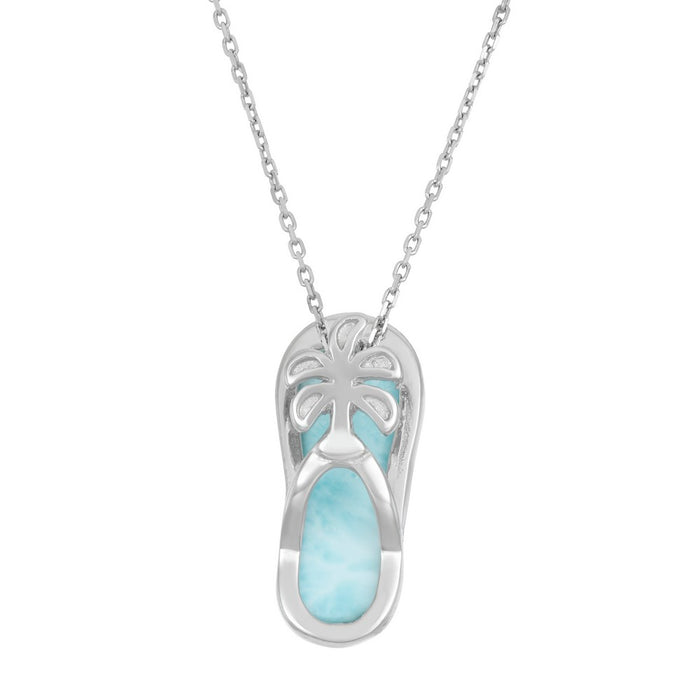 Sterling Silver Flip Flop with Larimar and Small Palm Tree Detail Pendant with 18" Sterling Silver Chain.