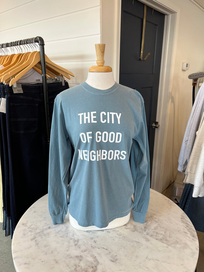 The City of Good Neighbors Long Sleeve Tee - Ocean Spray - Molly + Kate
