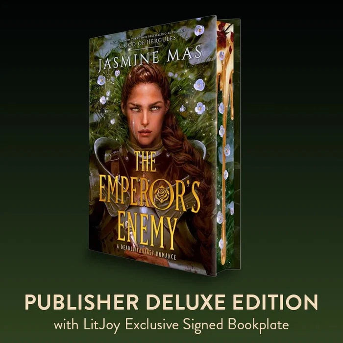 The Emperor's Enemy Deluxe Edition book by Jasmine Mas, shown at an angle with its green glittery spine and a large promotional text banner below reading 'PUBLISHER DELUXE EDITION with LitJoy Exclusive Signed Bookplate' on a dark green gradient background.