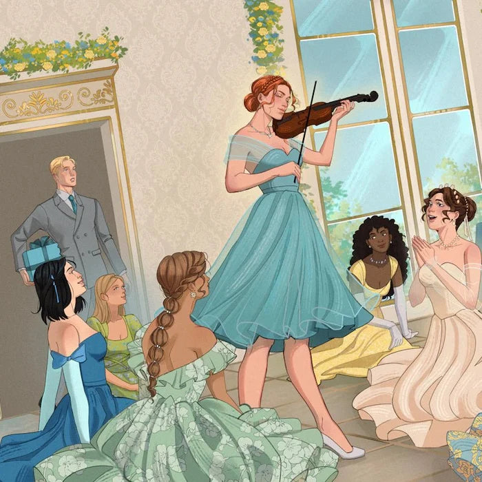 Tip-in art illustration from The Selection LitJoy Special Edition — America Singer in a teal gown playing violin in a palace room surrounded by Selection contestants, with Prince Maxon watching from the doorway