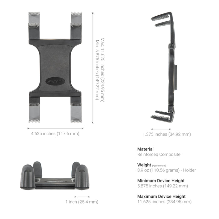 The TW Broadcaster TriStreamer Slim-Grip® Tablet and Dual RoadVise® Phone 29-Inch Desk Stand, in black reinforced composite, is shown from top, side, and front with adjustable width/height for devices; material, weight, and size specs are listed.