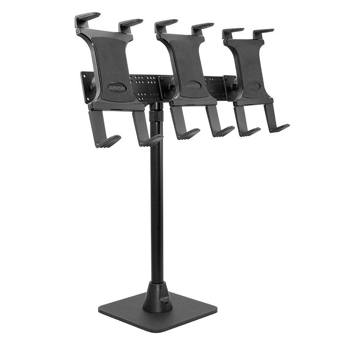 The TW Broadcaster TriStreamer Triple Tablet Holder is a 29-inch black metal countertop or desk stand with four adjustable mounts—perfect for live streaming tablets or phones.