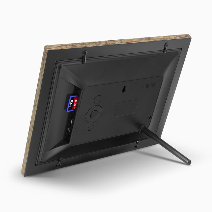 aluratek 10 digital photo frame distressed wood automatic slideshow back angle