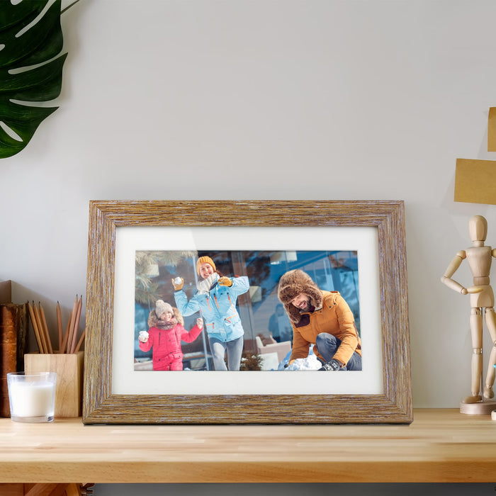 Aluratek 10 inch Distressed Wood Wifi Digital Photo Frame Counter Setup