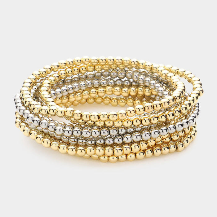 10 PC BEADED STETCH BRACELET SET - GOLD/SILVER