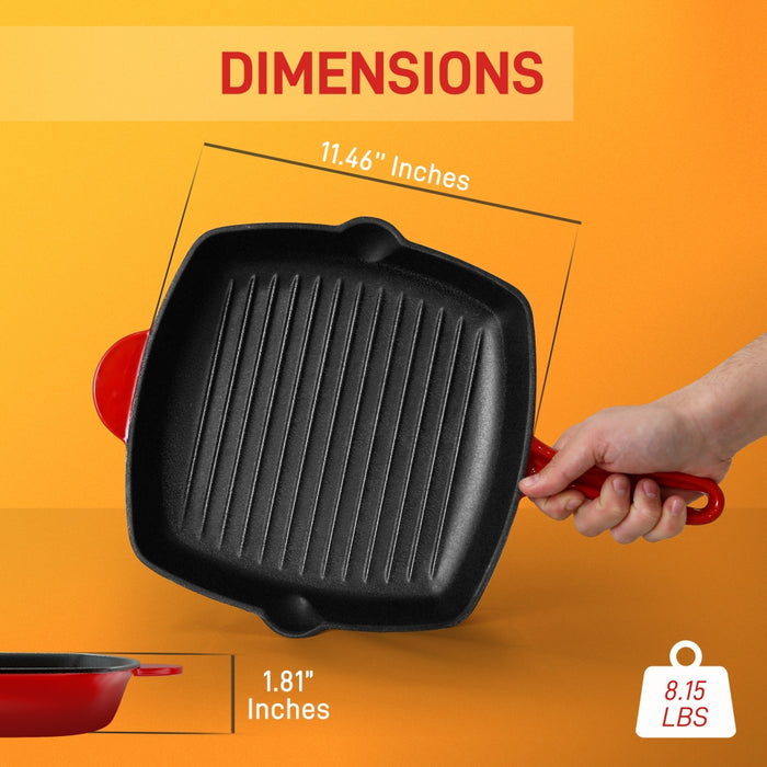 11" Cast Iron Grill Pan, Perfect Grill Marks, Porcelain Enamel Coating