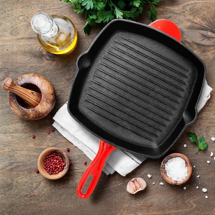 11" Cast Iron Grill Pan, Perfect Grill Marks, Porcelain Enamel Coating