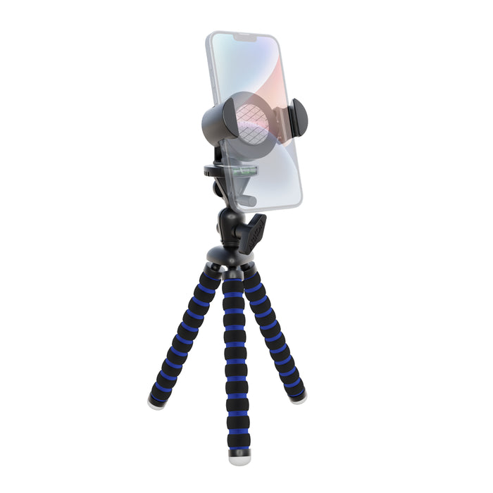 The RoadVise® XL 11 inch Tripod Mount Phone and Midsize Tablet Holder, with black and blue segmented flexible legs, is shown upright against a white background—ideal for content creation or as a versatile phone and tablet holder.