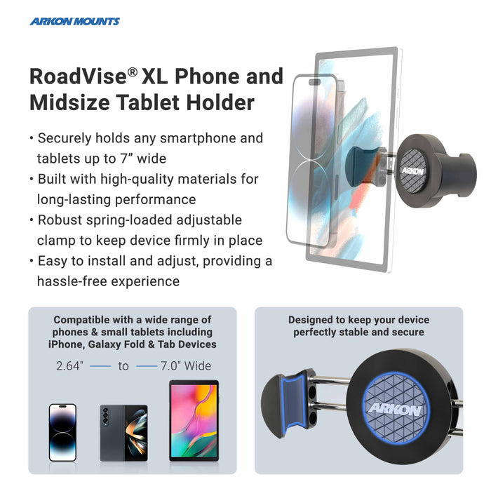Promotional image for the Arkon Mounts Phone Cup Holder Mount with RoadVise® XL Holder - 25mm highlights key features and product photos, showcasing its secure, adjustable clamp design. Perfect as a tablet holder for car use, it offers a reliable cup holder phone mount solution.