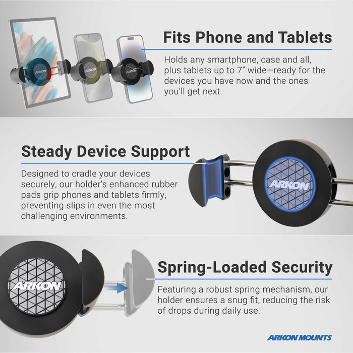 The Arkon Mounts Phone Cup Holder Mount with RoadVise® XL Holder – 25mm securely holds both phones and tablets, featuring rubber pads for steady support and a spring mechanism for a firm grip. With prominent Arkon Mounts branding, this versatile mount keeps your devices stable while driving—making it an essential alternative to standard car cup holder phone mounts.