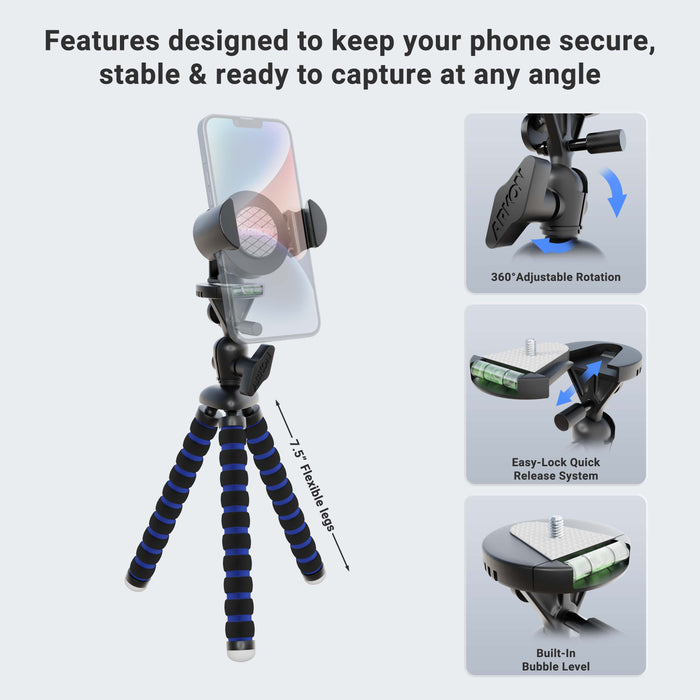 The RoadVise® XL 11 inch Tripod Mount Phone and Midsize Tablet Holder offers 360° adjustable rotation, an easy-lock quick release system, built-in bubble level, and a stable flexible stand—perfect for secure content creation.