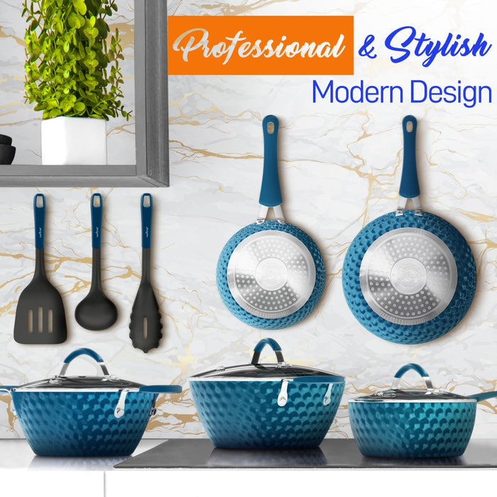 11 Pc Non-Stick Cookware Set, Even Heat Ceramic Coating, Royal Blue