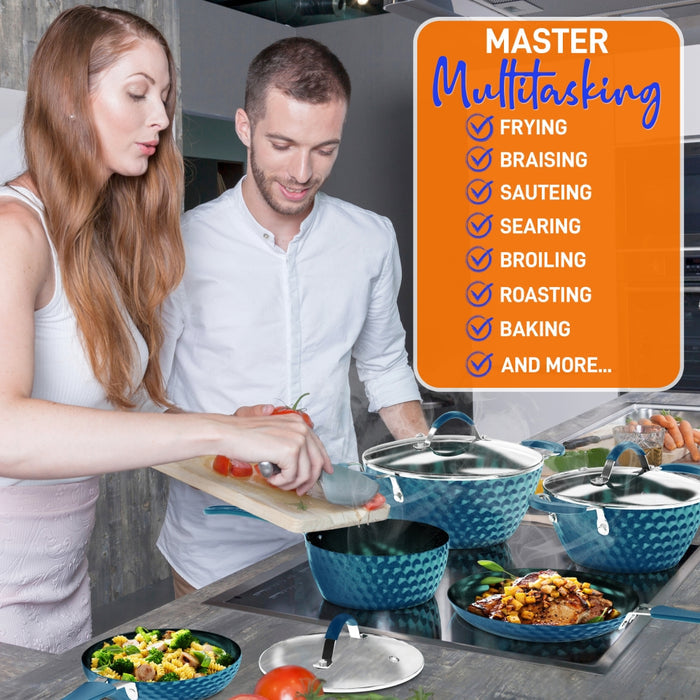 11 Pc Non-Stick Cookware Set, Even Heat Ceramic Coating, Royal Blue