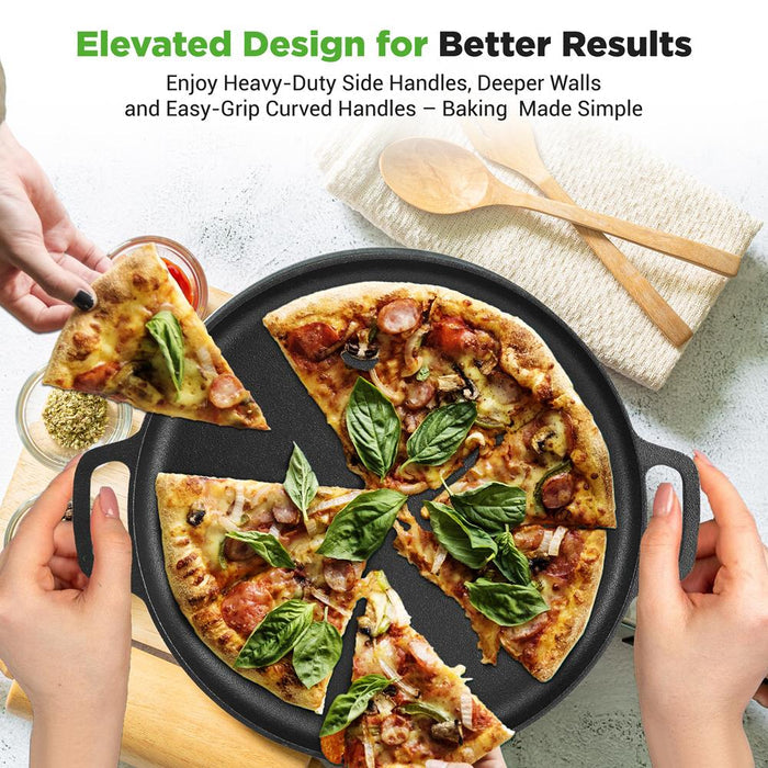 13" Cast Iron Pizza Pan - Versatile Pre-Seasoned Griddle w/ Handles