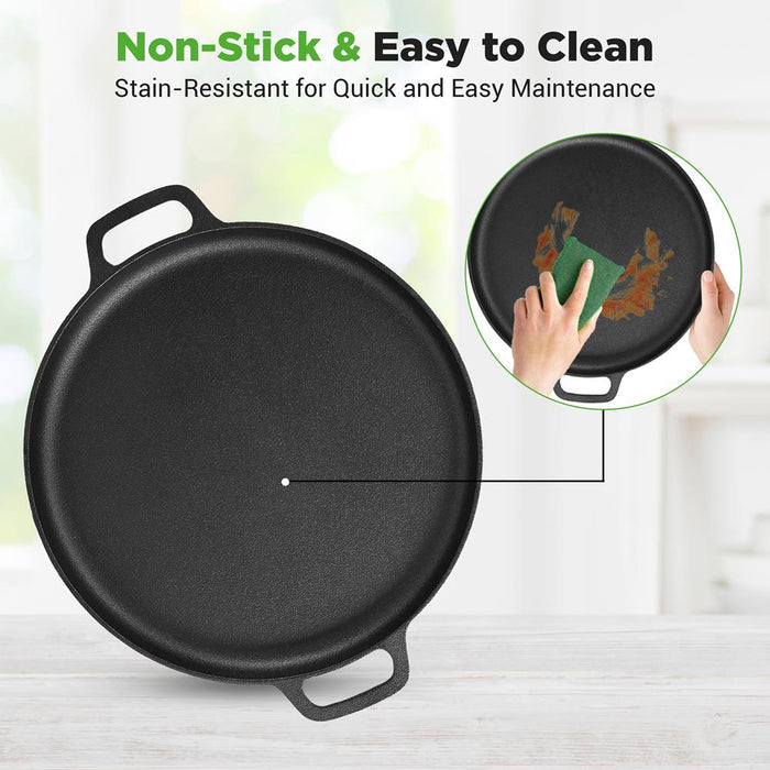 13" Cast Iron Pizza Pan - Versatile Pre-Seasoned Griddle w/ Handles