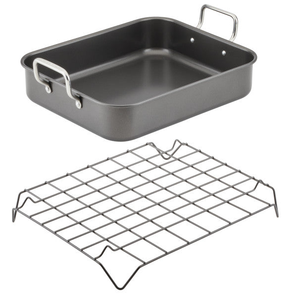 16.5-Inch x 13.5-Inch Nonstick Steel Roaster with Reversible Rack, displayed separately, perfect for large cuts of meat.